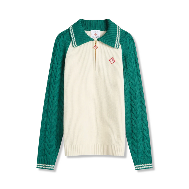 Cable Knit Zip Up Green / White